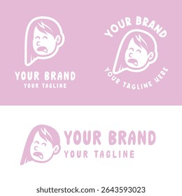 Playful pink cartoon girl logo with an expressive face. Ideal for creative kids' brands, personal logos, or product packaging. Fully editable EPS vector file included