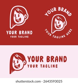 Playful pink cartoon girl logo with an expressive face. Ideal for creative kids' brands, personal logos, or product packaging. Fully editable EPS vector file included