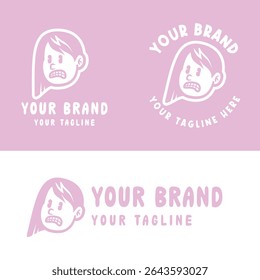 Playful pink cartoon girl logo with an expressive face. Ideal for creative kids' brands, personal logos, or product packaging. Fully editable EPS vector file included