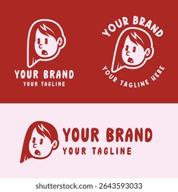 Playful pink cartoon girl logo with an expressive face. Ideal for creative kids' brands, personal logos, or product packaging. Fully editable EPS vector file included