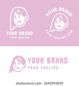 Playful pink cartoon girl logo with an expressive face. Ideal for creative kids' brands, personal logos, or product packaging. Fully editable EPS vector file included