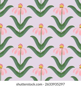 Playful Pink Coneflowers Seamless Botanical Pattern. Pink coneflowers seamless pattern. Floral endless background. Design for Background, fabric, Packaging