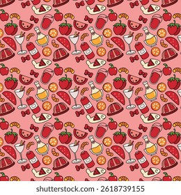 Playful Pink Culinary Pattern Featuring Fruits, Pastries, and Drinks