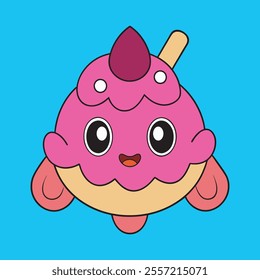 Playful pink cupcake character vector ideal for children’s products and designs.