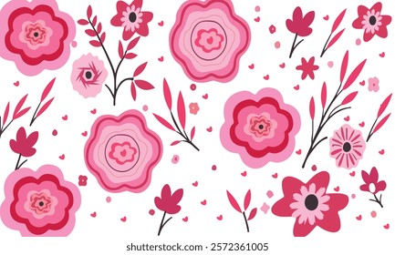 Playful Pink Floral Pattern with Abstract Flowers, Leaves, and Hearts on a White Background for Romantic and Spring Themes