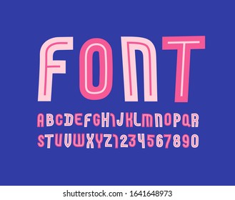 Playful pink font, modern striped alphabet, trendy letters and numbers, vector illustration