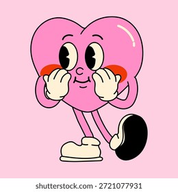 Corazón rosado juguetón con las mejillas que se ruborizan sobre fondo rosado