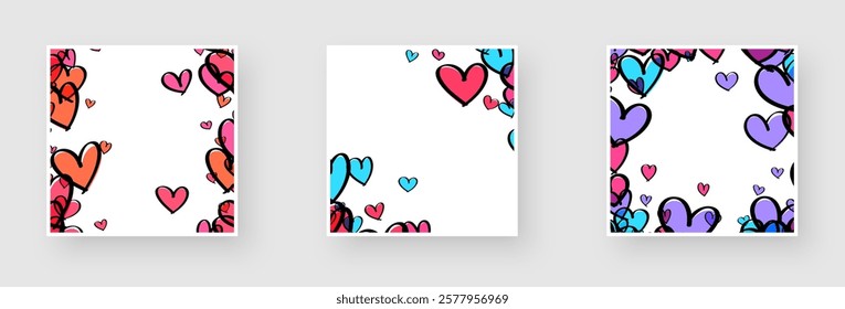 Playful pink, orange, blue, and purple hearts scattered across white backgrounds, creating vibrant designs. Vector illustration.