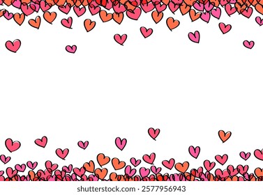 Playful pink and orange hearts forming vibrant top and bottom borders on white. Perfect for festive designs. Vector illustration.