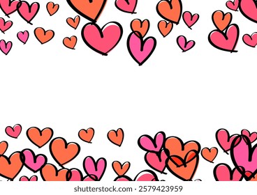 Playful pink and orange hearts forming a vibrant top and bottom border on white. Vector illustration.