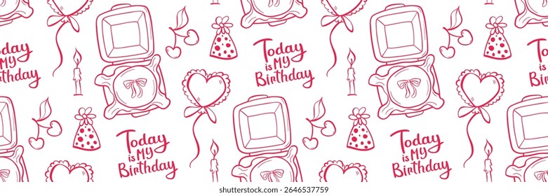 Playful pink pattern with birthday elements bento cake, trendy candles, crown, and cute lettering. Flat seamless vector in girly doodle style. Great for party designs and decor.