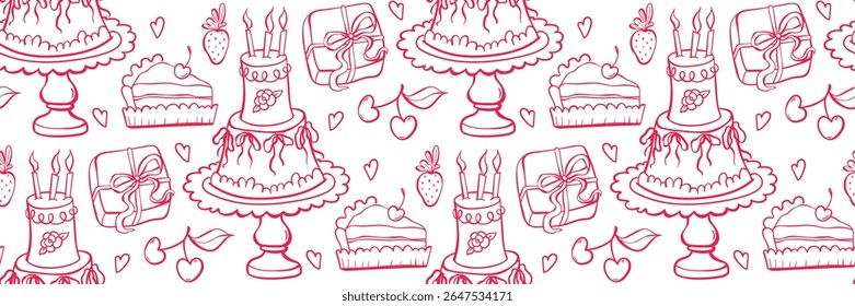 Playful pink pattern with birthday elements pompous cake, gift, piece of cake, cherry and strawberry. Flat seamless vector in girly doodle style. Great for party designs and decor.