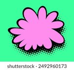 A playful pink petal design in a pop art style with stark black outlines and a dotted shadow, set against a vibrant green background for a striking visual contrast.