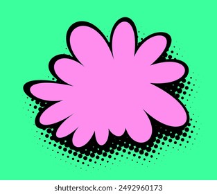 A playful pink petal design in a pop art style with stark black outlines and a dotted shadow, set against a vibrant green background for a striking visual contrast.