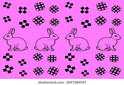 Playful pink rabbits with dice pattern fun graphic design whimsical environment digital art creative concept, seamless pattern