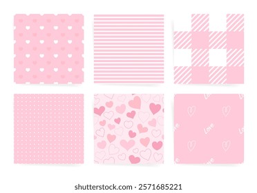 Playful Pink Seamless Patterns with Hearts, Stripes, Polka Dots, and Gingham