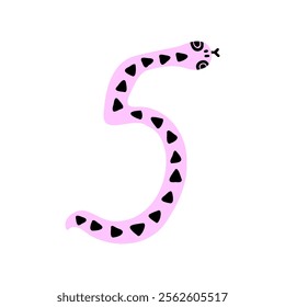 Playful pink snake forms a number five shape Snake symbol of the year. Vector hand drawn bold illustration