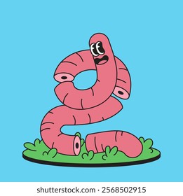 Playful pink worm twisting in the grass with a cheerful, cartoon character design