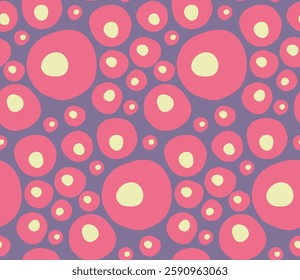 Playful pink yellow circles pattern on purple. Fun, hand-drawn, and colorful design for cheerful projects