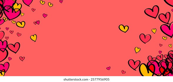 Playful pink and yellow hearts scattered on a coral background, creating a vibrant and cheerful design. Vector illustration.