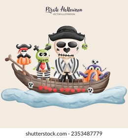 Playful Pirate Halloween Illustration - Watercolor Ghost and Skeleton Vector Art