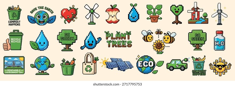 El divertido paquete de pixel art presenta tierra sonriente, contenedor de compost, paneles solares, turbinas eólicas, abejas e íconos de retoños de plantas en tonos verdes y azules, ideales para pegatinas ecológicas, interfaz de usuario App y marca, alegre.