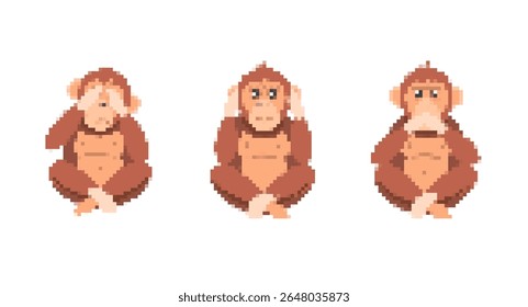 Playful pixel art shows three monkeys with expressive gestures, embodying the "see no evil" theme.