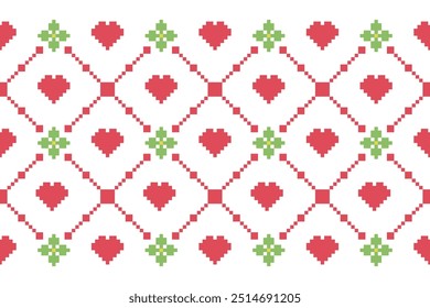 A playful pixelated heart and floral pattern in red and green. This design radiates charm and simplicity, making it perfect for Valentine's themes, cozy textiles, or retro-inspired digital art