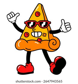 A playful pizza slice character with sunglasses and thumbs up, radiating joy, humor, and fun energy in a vibrant food-themed cartoon.