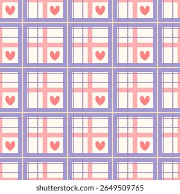 A playful plaid pattern adorned with pink hearts