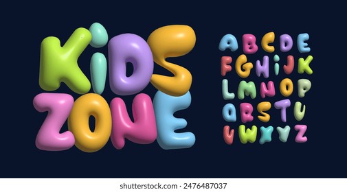 Spielerisches 3D-Alphabet aus Plastik, bunte Kaugummi-Buchstaben, freudige Bubble-Typografie für Kinder-Logos, lebhaftes Headline-Design, funky Cartoon-Stil, Kindergarten-Geburtstags-Party-Schriftart. Vektorgrafik Satz