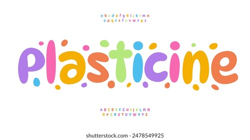 Playful plasticine alphabet vibrant round letters for kids education. Joyful clay font for cheerful modern logo, creative typography, colorful handmade, school art. Vector typeset