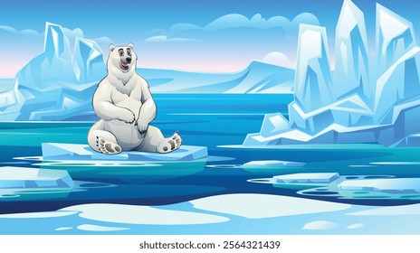 Playful polar bear sitting on an ice floe with scenic Arctic ice formations in the background. Vector cartoon illustration