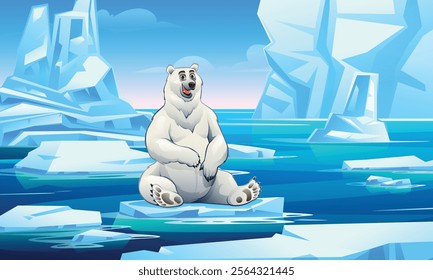 Playful polar bear sitting on an ice floe surrounded by Arctic scenery and icebergs. Vector cartoon illustration