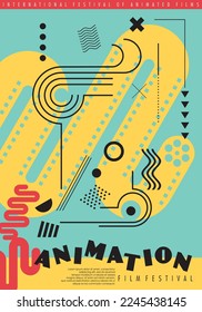 Playful poster design concept for animation film festival with dynamic geometric design elements, film strips and camera reels. Movie event show colorful flyer composition vector. Abstract cinema ad.