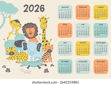 Playful calendário vetorial de ano completo pré-escola para 2026 com ilustração animal de selva bonito para crianças. Grupo de adoráveis animais de safári africanos desenhados à mão em estilo plano. Decoração visual prática.