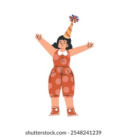 Playful Preschool Girl in Birthday Hat Celebrate Party Vector Illustration