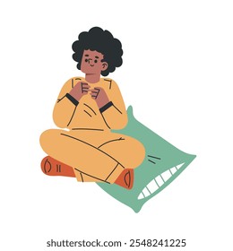 Playful Preschool Girl Sit on Floor and Listen to Story Vector Illustration