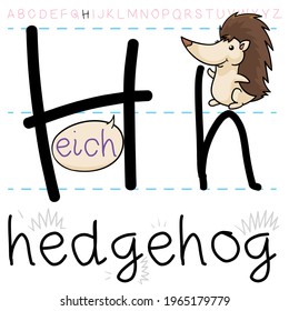 Playful and prickly hedgehog saluting at you and teaching the alphabet, in this case the letter 'H' and its pronunciation.