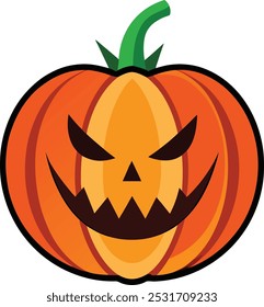 Um design vetor de Halloween de abóbora brincalhão, mostrando um jack-o'-lanterna esculpida com detalhes afiados e cores vibrantes, perfeito para projetos assustadores e festivos.