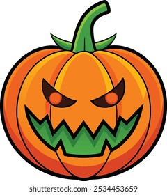 Um design vetor de Halloween de abóbora brincalhão, mostrando um jack-o'-lanterna esculpida com detalhes afiados e cores vibrantes, perfeito para projetos assustadores e festivos.