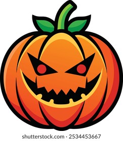 Um design vetor de Halloween de abóbora brincalhão, mostrando um jack-o'-lanterna esculpida com detalhes afiados e cores vibrantes, perfeito para projetos assustadores e festivos.