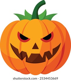 Um design vetor de Halloween de abóbora brincalhão, mostrando um jack-o'-lanterna esculpida com detalhes afiados e cores vibrantes, perfeito para projetos assustadores e festivos.