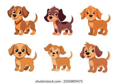 Playful puppies with floppy ears, in cartoon style. in white background