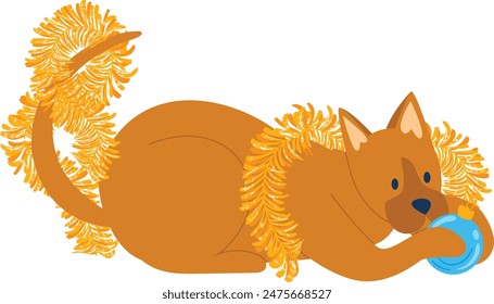 Playful puppy decorated golden garland chewing blue ball. Cheerful dog ornament playful Christmas decoration white background. Golden retriever mood holiday