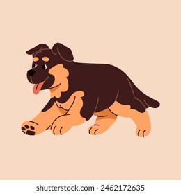 Playful puppy of German shepherd runs and shows tongue. Cute pup of working or police dog breed plays. Adorable Alsatian doggy. Happy pet, domestic animal has fun. Flat isolated vector illustration