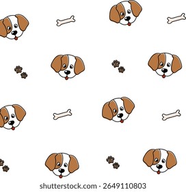 Playful Puppy Pattern: A delightful cartoon-style arrangement showcases adorable puppy faces, bone, and paw prints, creating a whimsical and inviting repeating pattern.