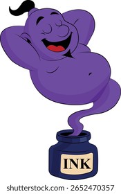 Playful Purple Cartoon Genie Emerging from Ink Bottle | Funny Magical Character Vector | Relaxing Genie Illustration | Creative Mascot Concept for Books, Stories, or Printing Themes