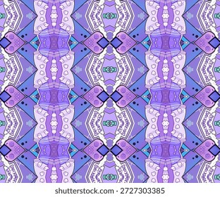 Brincalhão roxo desenho animado padrão sem costura com elementos ilustrados bonitos, estilo kawaii, simetria abstrata, fundo decorativo divertido e design caprichoso.