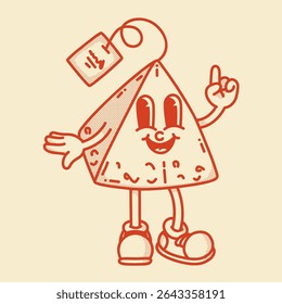 Playful pyramid tea bag mascot pointing up. Retro vector art for specialty Chai and Jasmine tea in kraft packaging